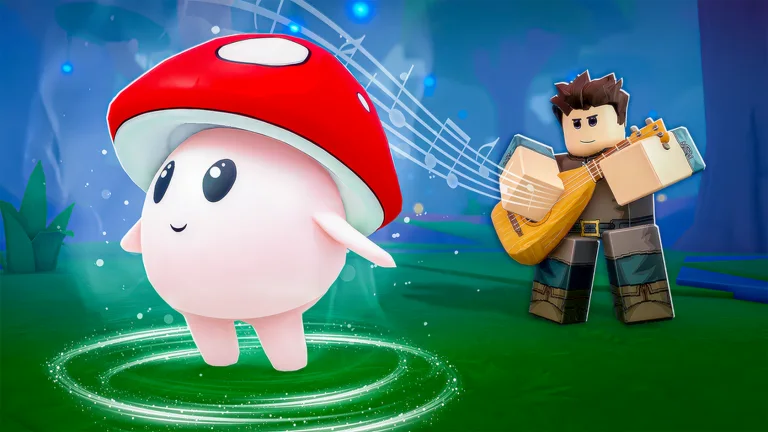 A Redcap listens as a Roblox tamer plays a lute in a glowing forest — official SCROOMS artwork